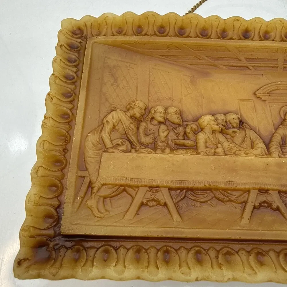 Vtg BYZANTINE MOLDED Gold WAX ICON Christianity Art Plaque Greek The Last Supper